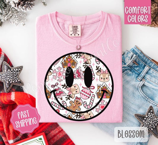 Pink Christmas Smiley Comfort Colors Shirt, Trendy Women's Holiday Tshirt