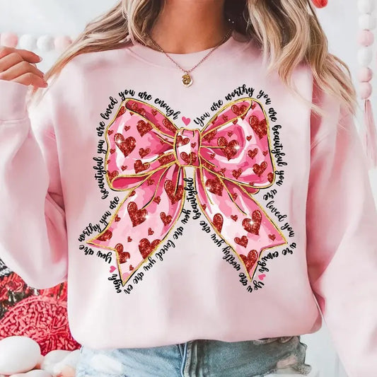 Pink Coquette Heart Valentine's Day Shirt, You Are Loved Glitter Crewneck, Brushstroke Valentine Bow Sweatshirt, God Valentine Sweater