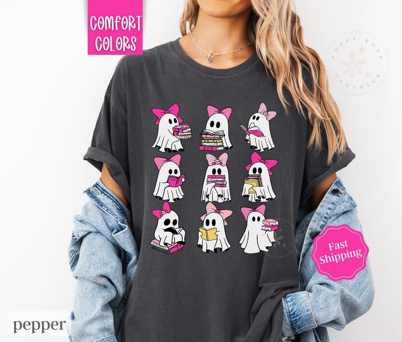 Pink Ghost Reading Shirt Comfort Colors, Book Lover Tshirt, Teacher Halloween Tee - clothing by TeeHivey.com