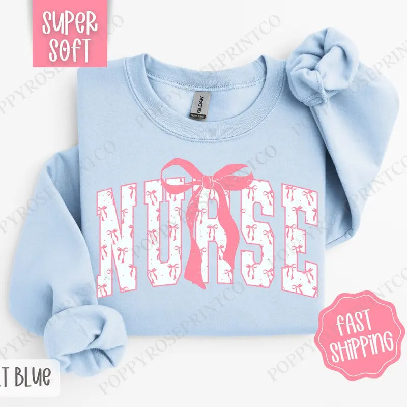 Pink Nurse Bow Sweatshirt, Women's Crewneck, Cute Women's Sweater