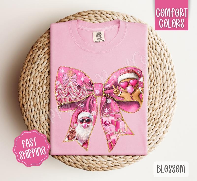 Pink Santa Bow Shirt Comfort Colors, Trendy Women's Christmas Graphic Tshirt
