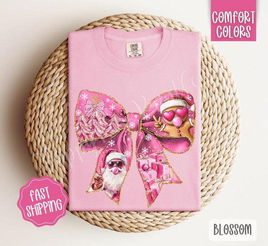 Pink Santa Bow Shirt Comfort Colors, Trendy Women's Christmas Graphic Tshirt