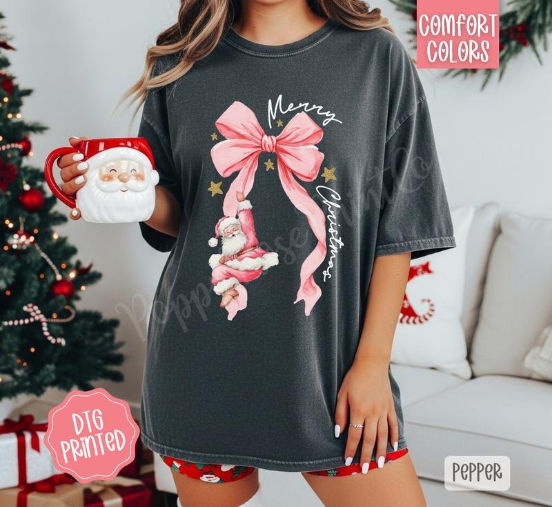 Pink Santa Bow Shirt Comfort Colors, Trendy Women's Christmas Tshirt