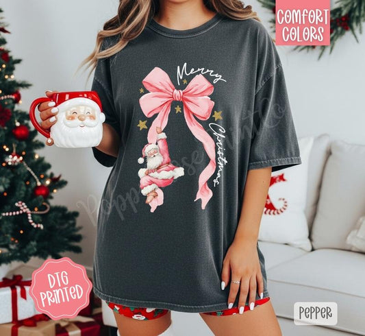 Pink Santa Bow Shirt Comfort Colors, Trendy Women's Christmas Tshirt
