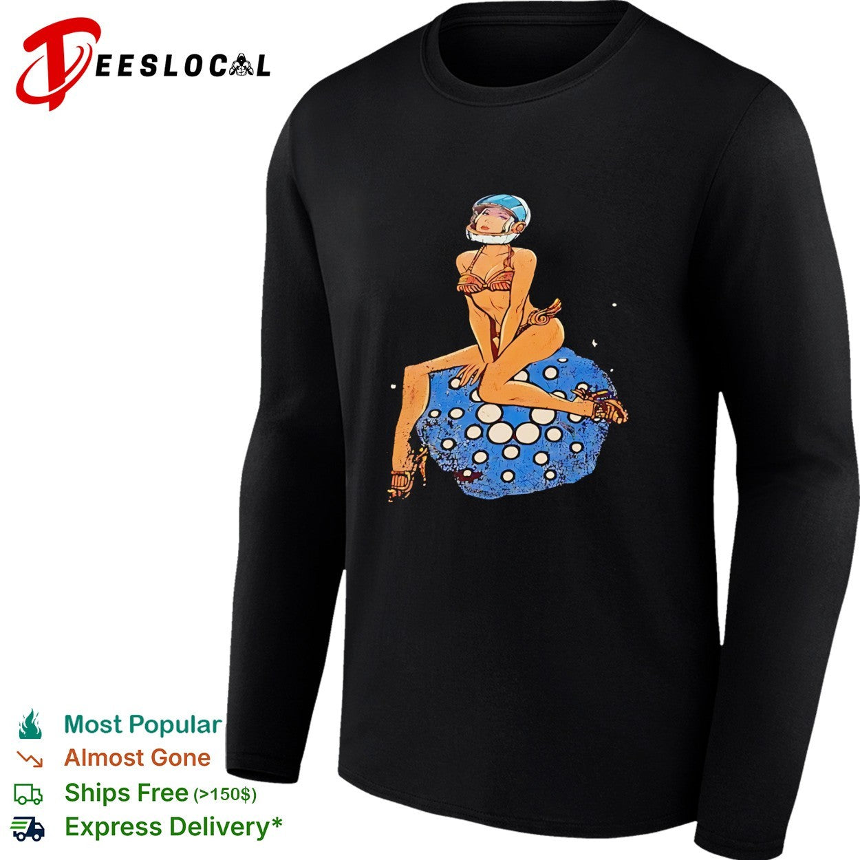 Pinup woman in astronaut helmet sitting on disco ball moon shirt