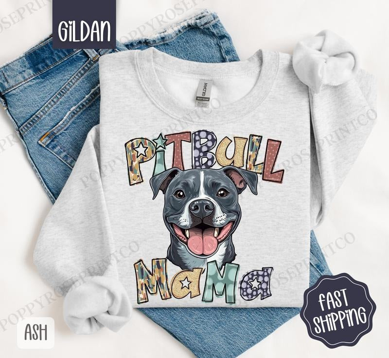 Pitbull Mama Sweatshirt, Mama Women's Crewneck, Cute Dog Mom Women's Sweatshirt