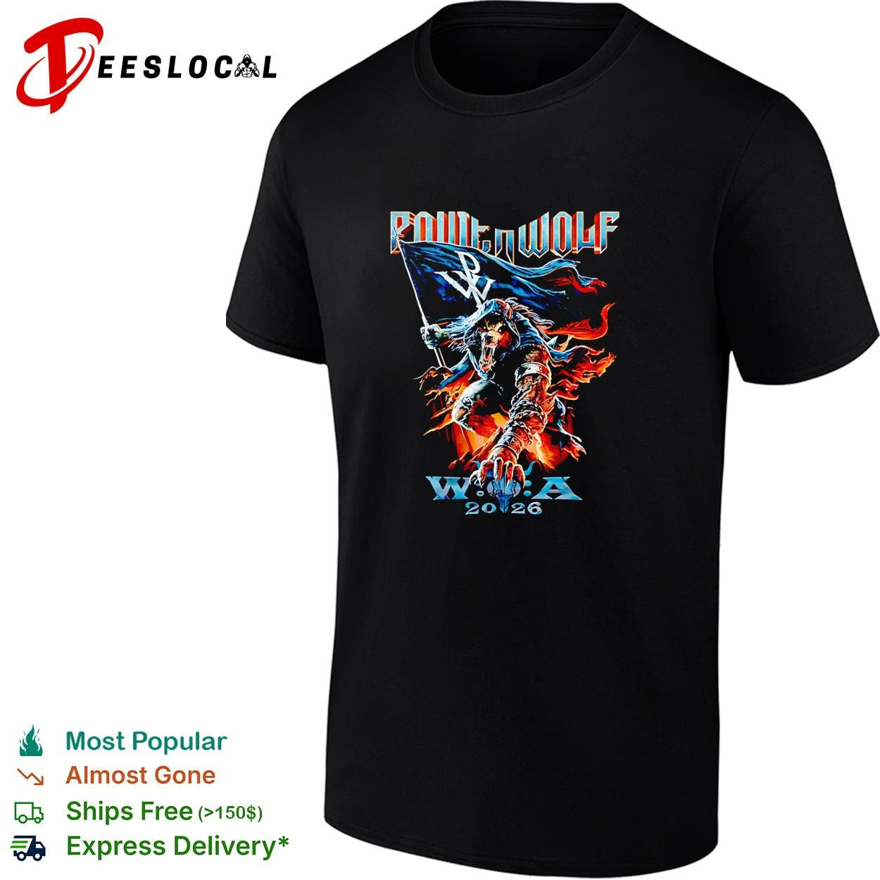 Powerwolf wolf knight holding flag W.O.A 2026 festival illustration poster shirt