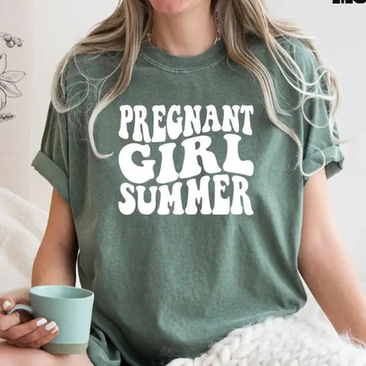 Pregnant Girl Summer Comfort Color Shirt, Pregnant Shirt, Baby Announcement Tee,  Gift for New Mom, Mom To Be Shirt