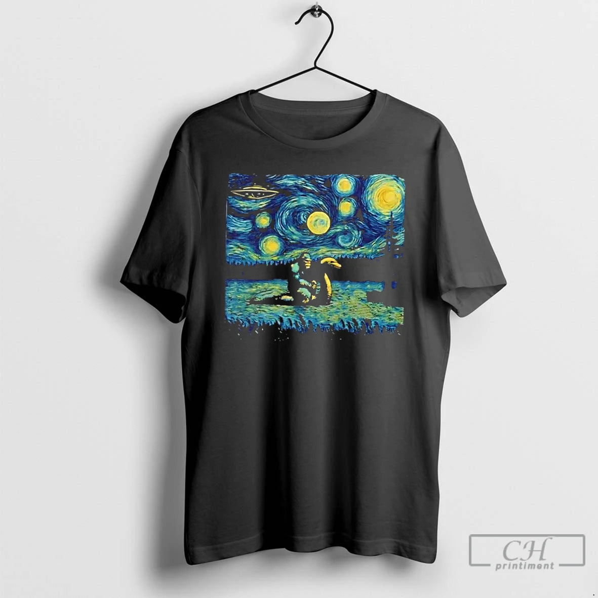 Premium Bigfoot Riding Nessie Hilarious Starry Night T Shirts - clothing by TeeHivey.com