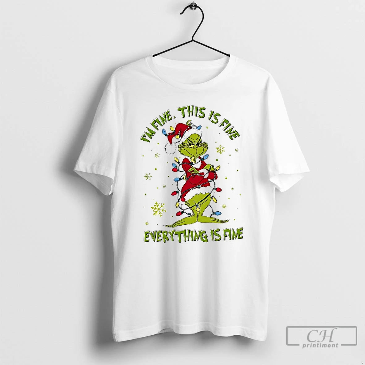 Premium Grinch Christmas Lights Im Fine This Is Fine Everything Is Fine T Shirts - clothing by TeeHivey.com