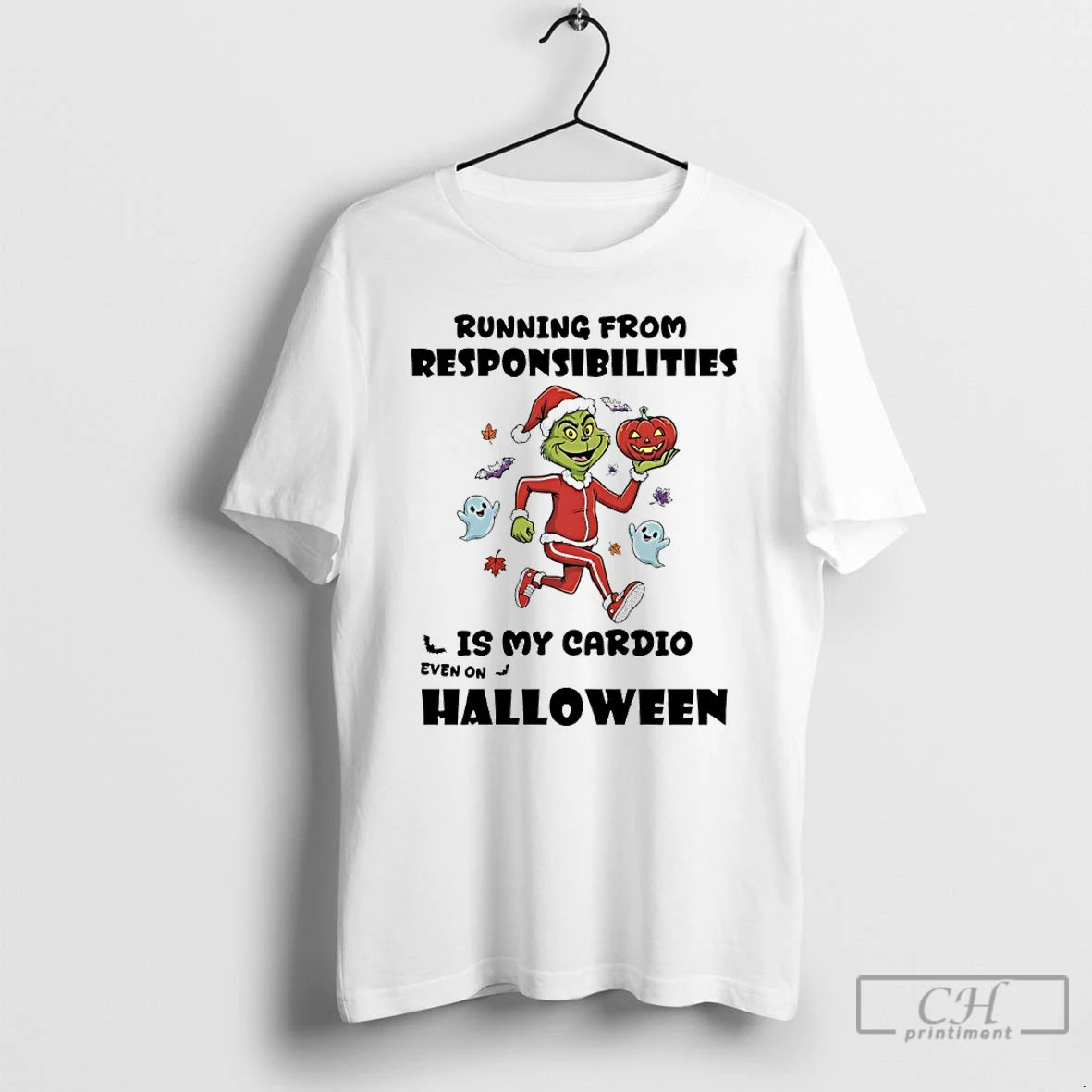 Premium Grinch Santa Running From Respinsibilities Is My Cardio Even On Halloween T Shirts - clothing by TeeHivey.com