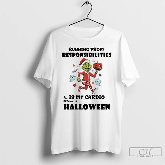 Premium Grinch Santa Running From Respinsibilities Is My Cardio Even On Halloween T Shirts - clothing by TeeHivey.com