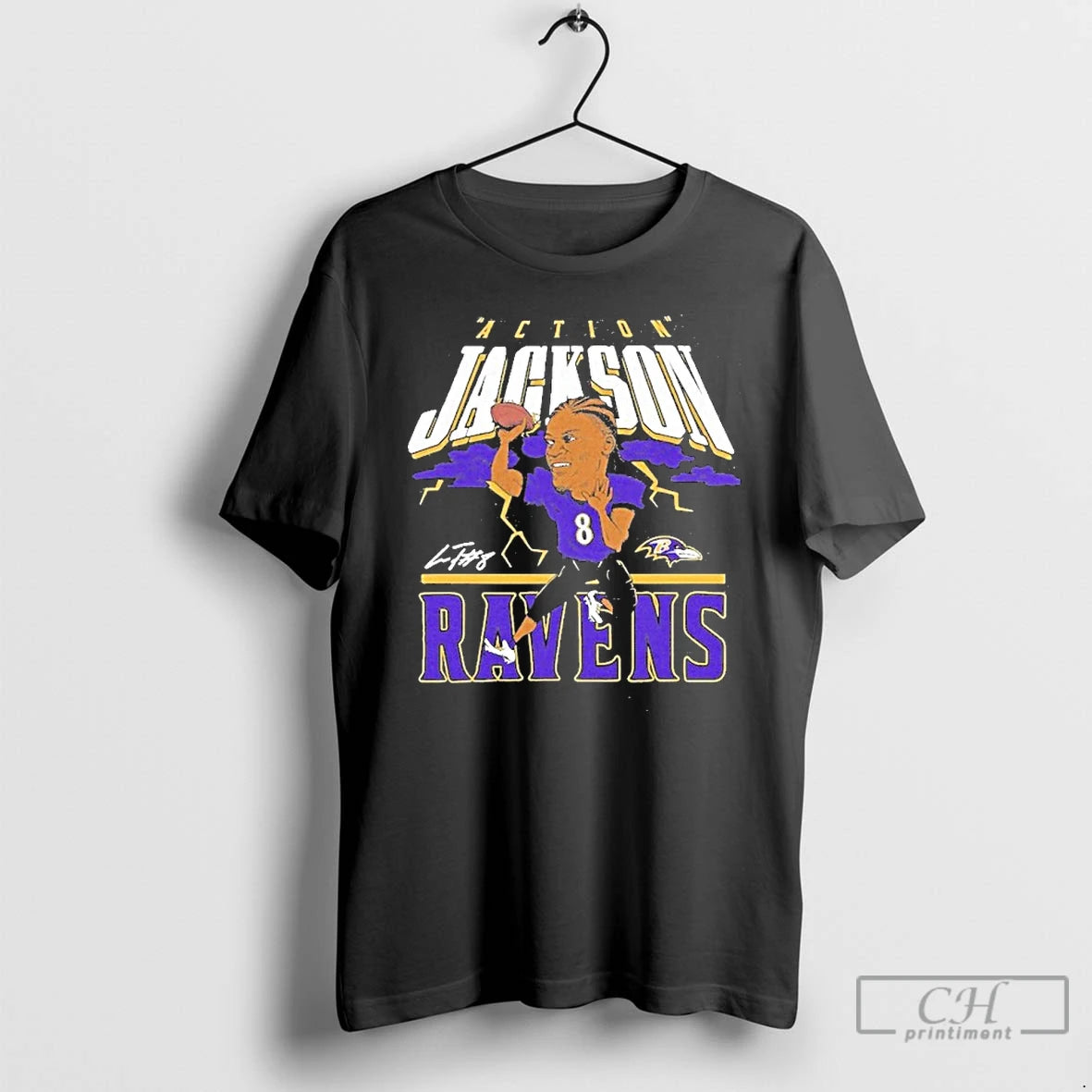 Premium Lamar Jackson Baltimore Ravens Action Caricature Player T Shirts - clothing by TeeHivey.com