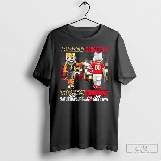 Premium Mascots Missouri Tigers On Saturdays X Kansas City Chiefs On Sundays Skyline T Shirts - clothing by TeeHivey.com