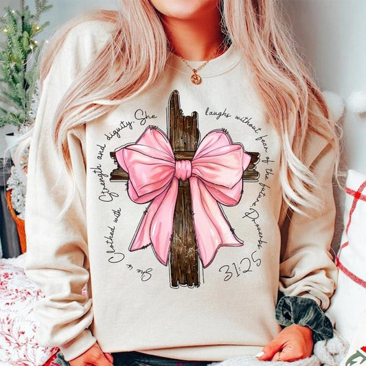 Proverbs She is Clothed with Strength Coquette Bow Light Pink Sweatshirt, Preppy Design, Coquette Bow Design, Bible Verse, Christian Girls, Full Size, Full Color, Gift For All, Gift For Friend