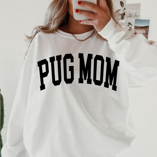 Pug Mom Varsity Sweatshirt, Trendy, College Font, Cute, Dog Mama, Crewneck