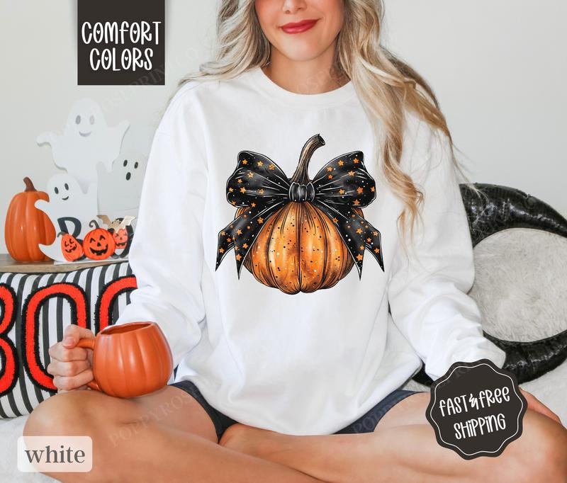 Pumpkin Bow Sweatshirt Comfort Colors, Halloween Crewneck, Fall Sweater Womenswear
