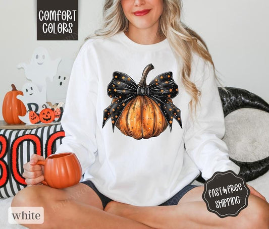 Pumpkin Bow Sweatshirt Comfort Colors, Halloween Crewneck, Fall Sweater Womenswear