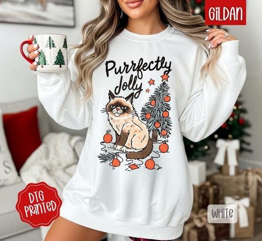 Purrfectly Jolly Sweatshirt, Trendy Women's Christmas Crewneck
