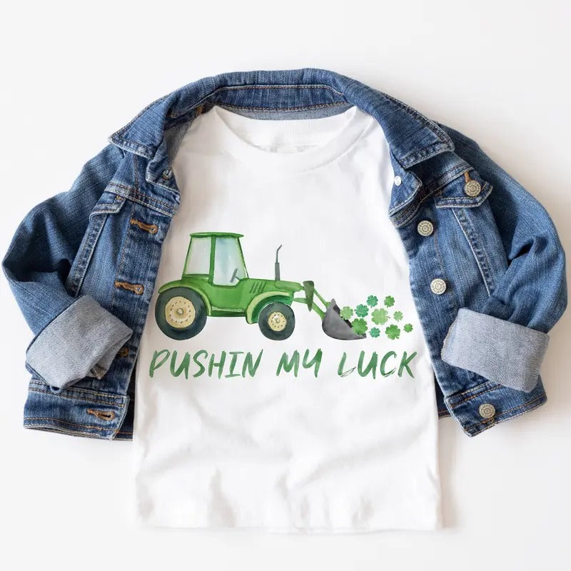 Pushin My Luck Construction St Patrick's Day Boys Watercolor St Patty's Shirt - clothing by TeeHivey.com