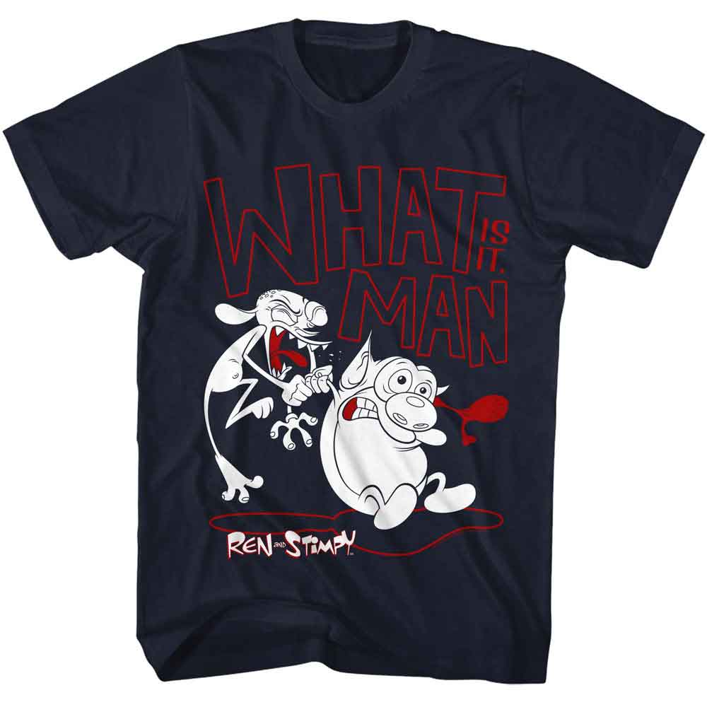 Ren And Stimpy - What Is It Man - American Classics - Solid Blue Adult Short Sleeve T-Shirt