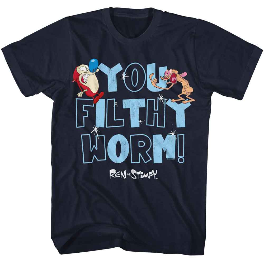 Ren And Stimpy - You Filthy Worm - American Classics - Solid Blue Adult Short Sleeve T-Shirt (Image 1)