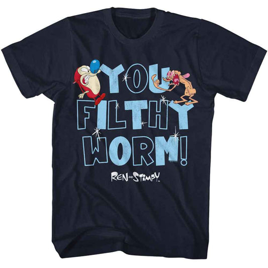 Ren And Stimpy - You Filthy Worm - American Classics - Solid Blue Adult Short Sleeve T-Shirt (Image 1)