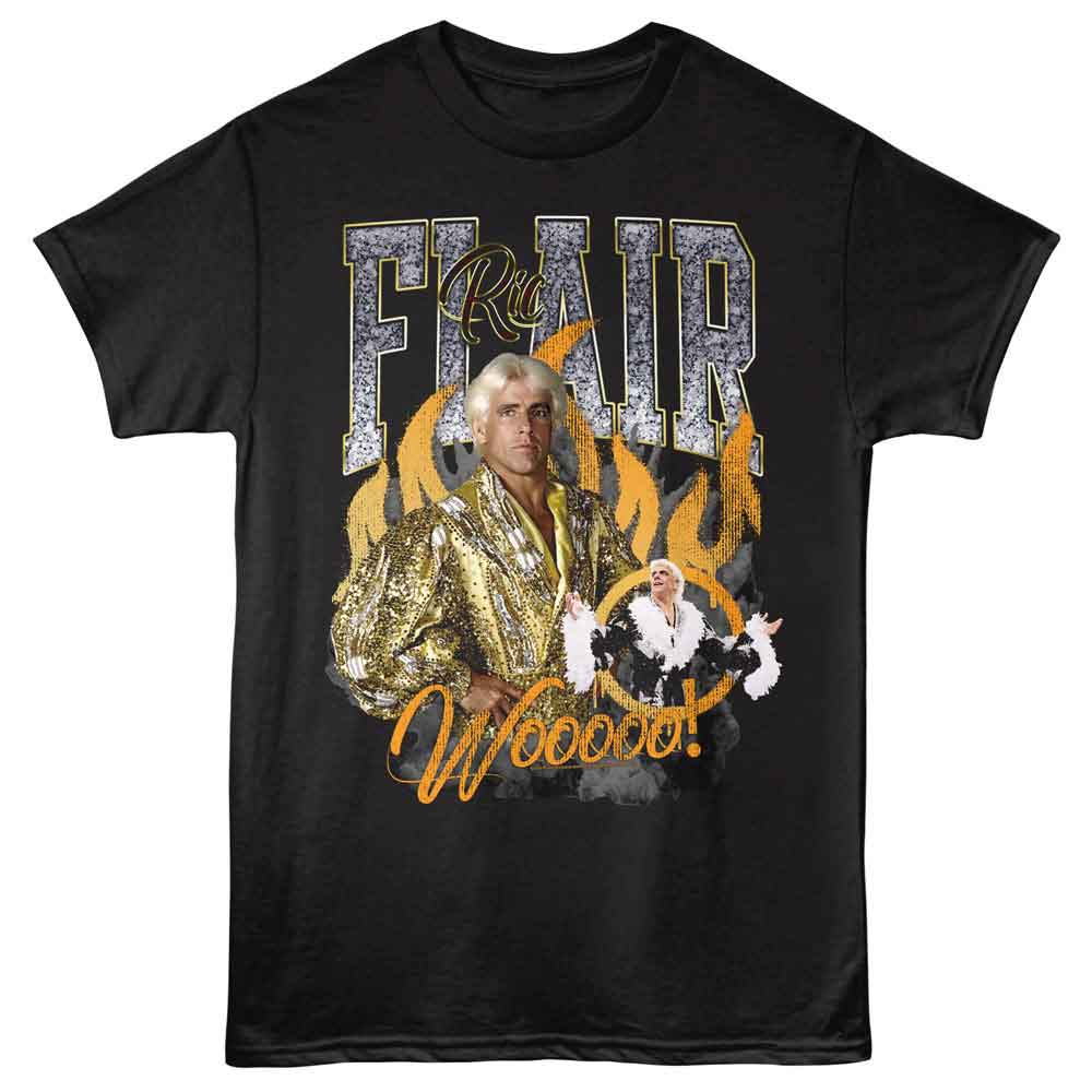 Ric Flair - Wooooo Flames - American Classics - Black Adult Short Sleeve T-Shirt - clothing by TeeHivey.com (Image 1)