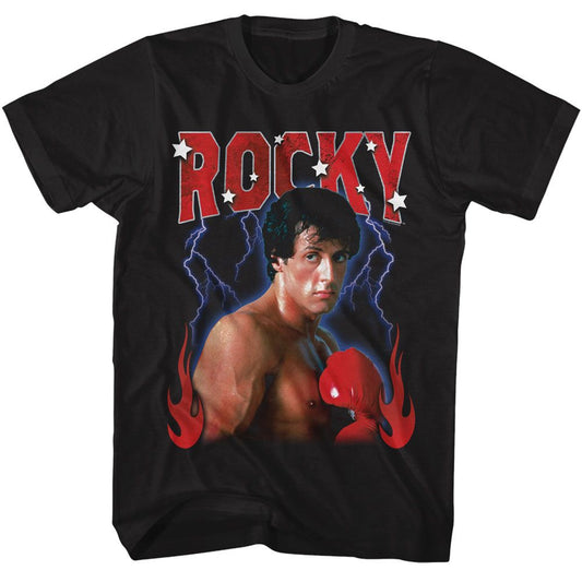 Rocky - Lightning Flames - American Classics - Solid Black Adult Short Sleeve T-Shirt - clothing by TeeHivey.com (Image 1)
