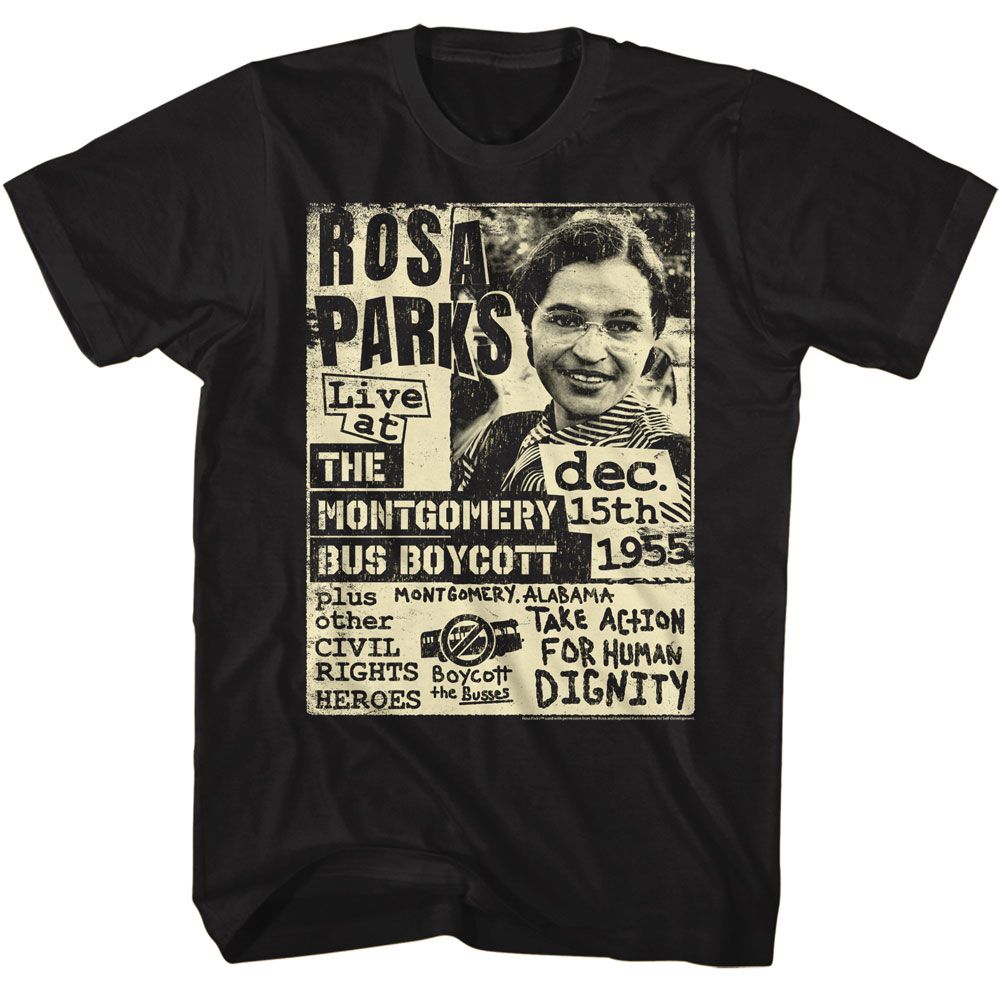 Rosa Parks - Bus Boycott Flyer - American Classics - Solid Black Adult Short Sleeve T-Shirt (Image 1)