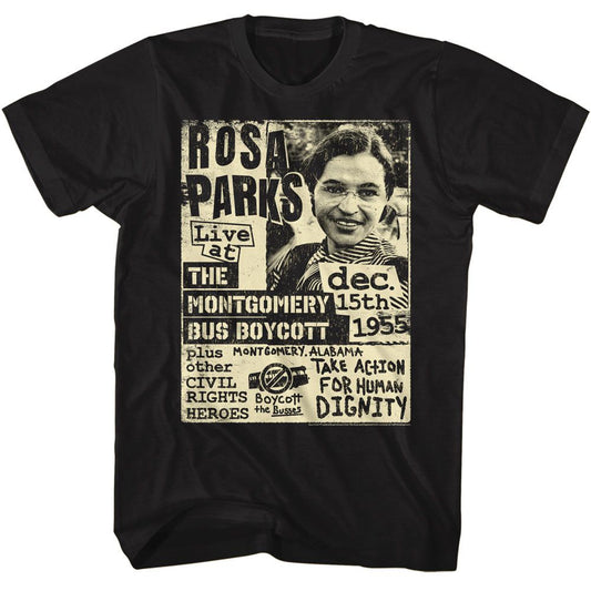 Rosa Parks - Bus Boycott Flyer - American Classics - Solid Black Adult Short Sleeve T-Shirt (Image 1)