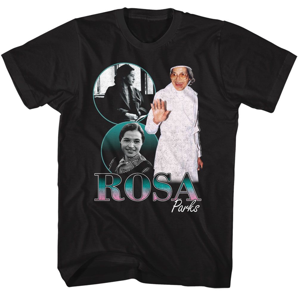 Rosa Parks - Collage - American Classics - Solid Black Adult Short Sleeve T-Shirt - clothing by TeeHivey.com (Image 1)