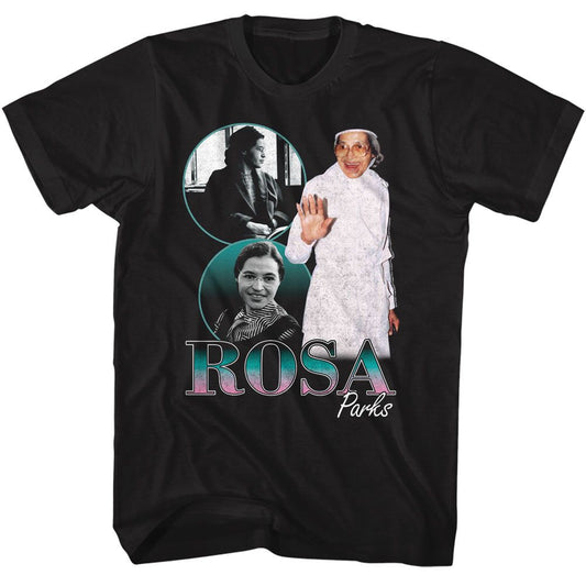 Rosa Parks - Collage - American Classics - Solid Black Adult Short Sleeve T-Shirt - clothing by TeeHivey.com (Image 1)