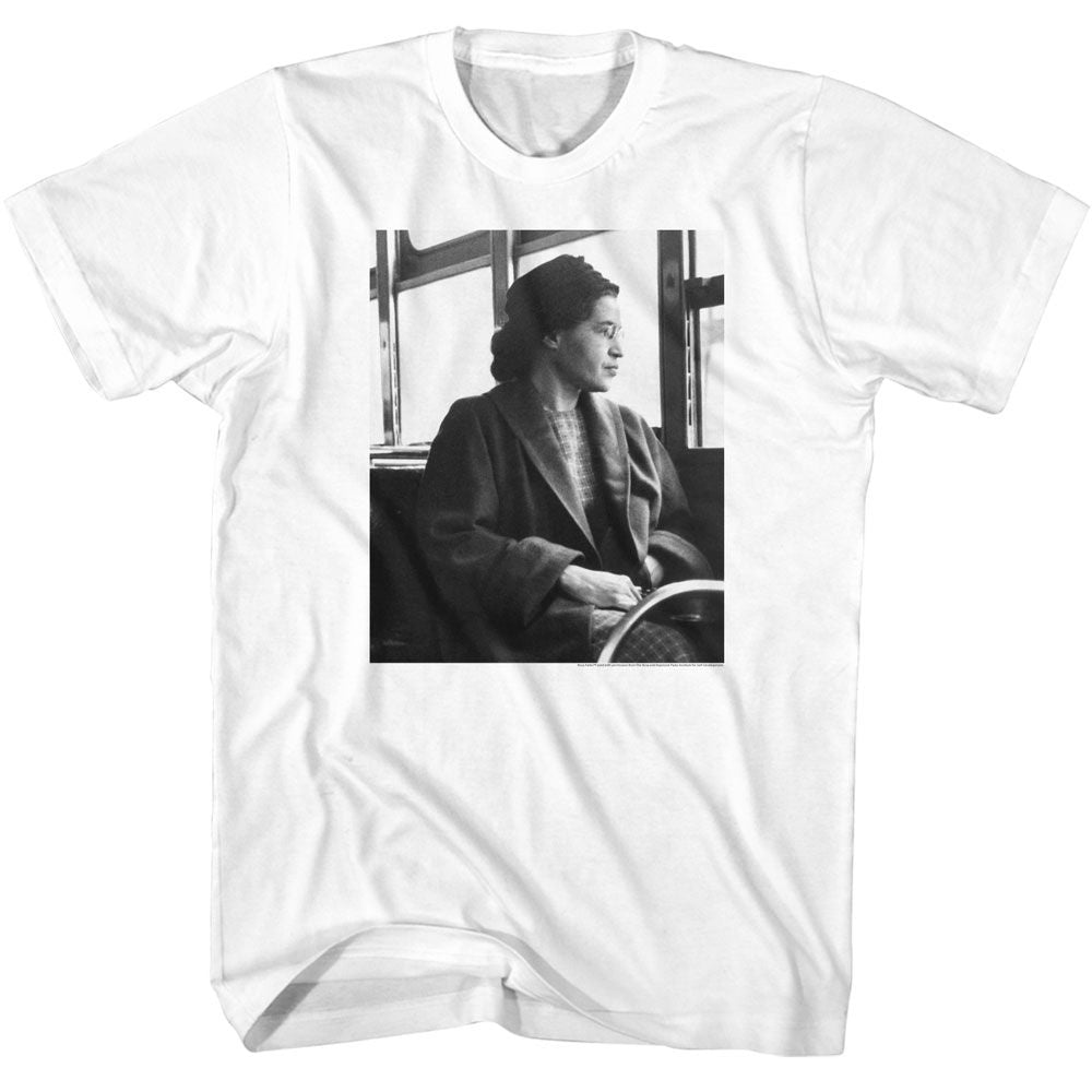 Rosa Parks - Black & White Bus Sit - American Classics - Solid White Adult Short Sleeve T-Shirt (Image 1)