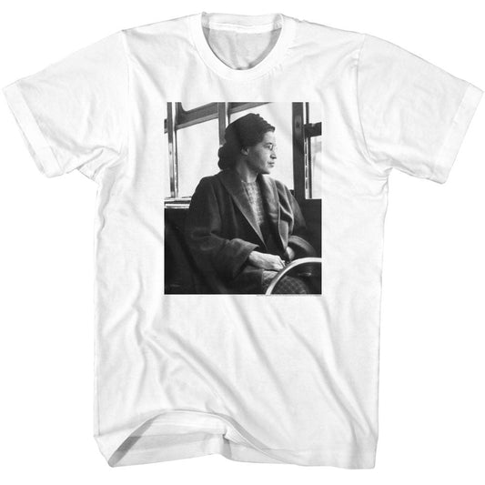 Rosa Parks - Black & White Bus Sit - American Classics - Solid White Adult Short Sleeve T-Shirt (Image 1)