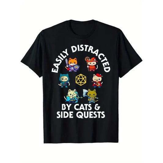 RPG Gamer Cats Side Quests D20 Dice Nerdy Cat Men Women Kids T-Shirt Made in USA - clothing by TeeHivey.com