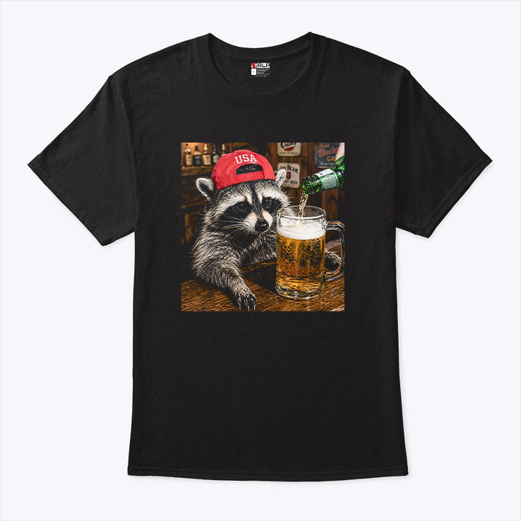 Raccoon Drinking Beer Patriotic USA T Shirt