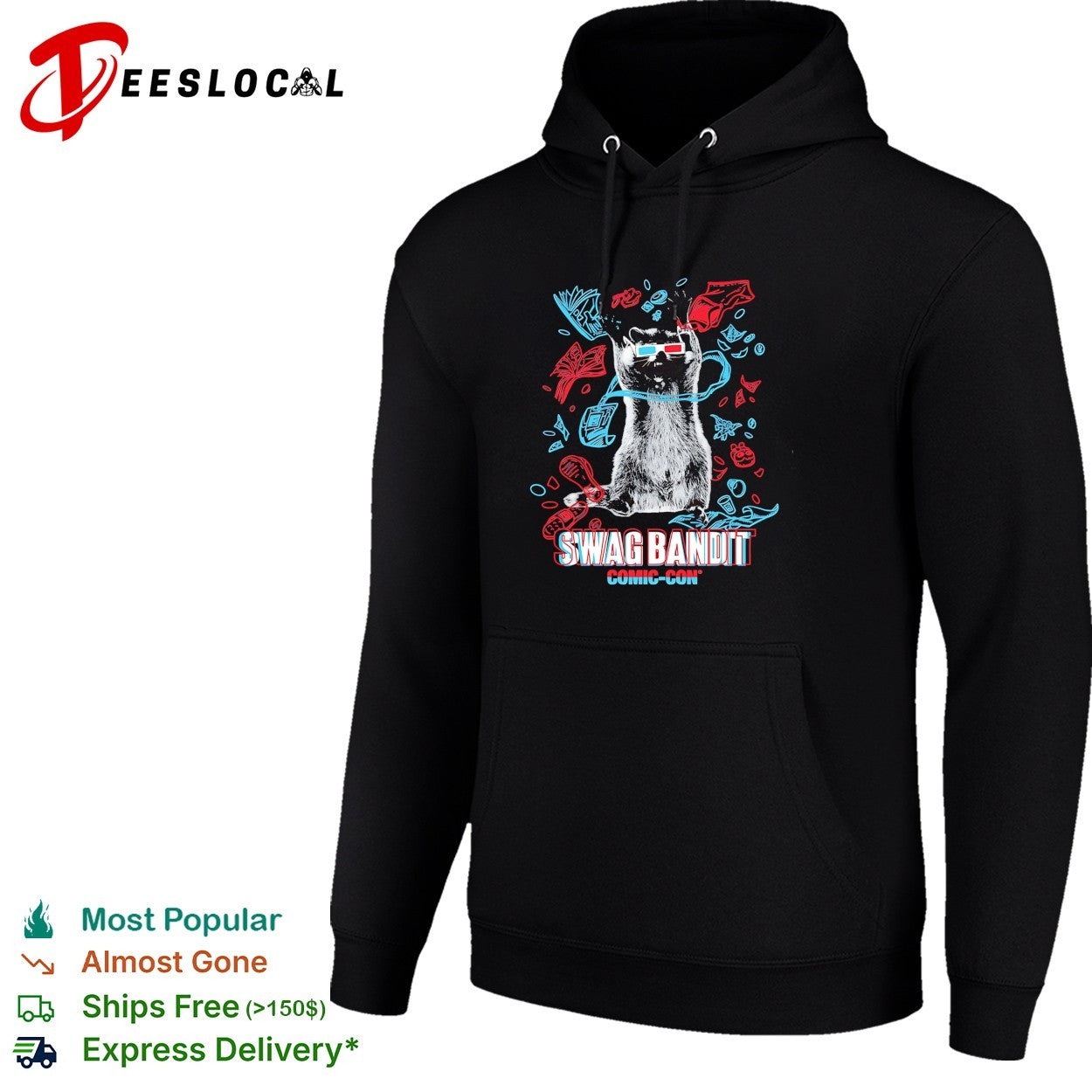 Raccoon wearing 3D glasses swag bandit comic con shirt