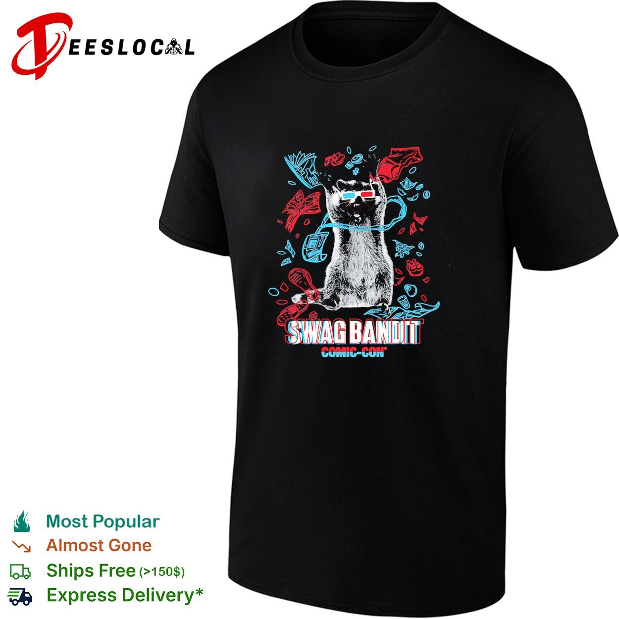 Raccoon wearing 3D glasses swag bandit comic con shirt