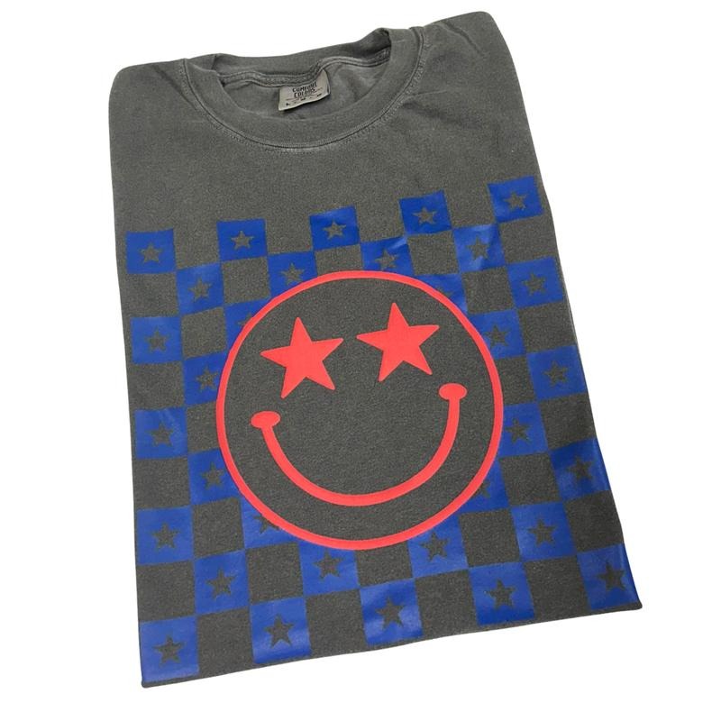 Red Puff Blue Star Happy Face Comfort Colors T-Shirt