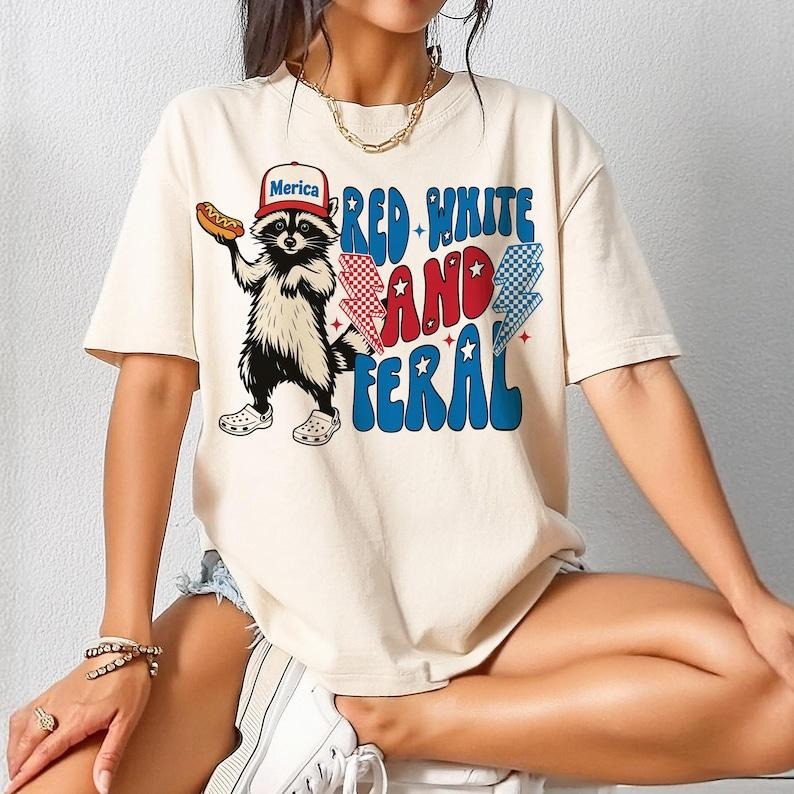 Red White And Feral Shirt, Funny USA Shirt, Funny Raccoon T-Shirt , 4th Of July Tshirt, Hotdog Raccoon Tee Top Womenswear