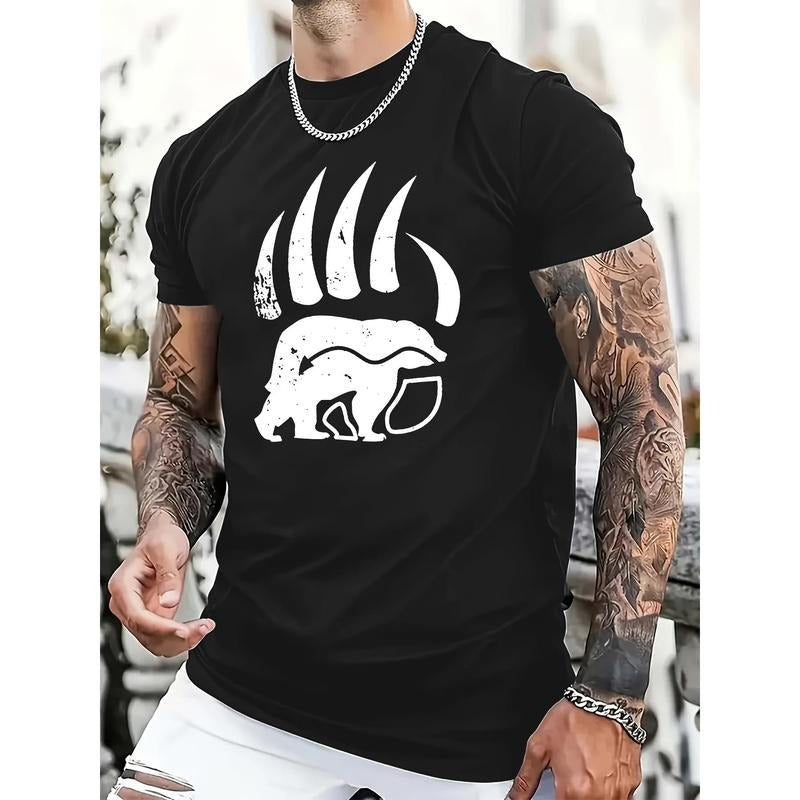 Relaxed Fit Bear's Paw Print Cotton Casual Novel T-shirt - Men's Short-sleeved Summer Shirt for Daily and Outdoor Wear -...