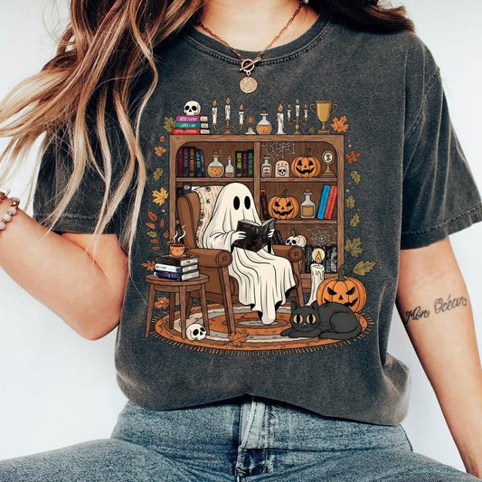 Retro Cozy Ghost Reading Halloween T-Shirt Haunting Adeline Sweatshirt Fall Library Boo Ghost Hoodie Cute Spooky Bookshelf Tee The Lords Series Legacy of Gods Round Neck Fit Black Unisex Garments Tops Day Fabric Loose Medium