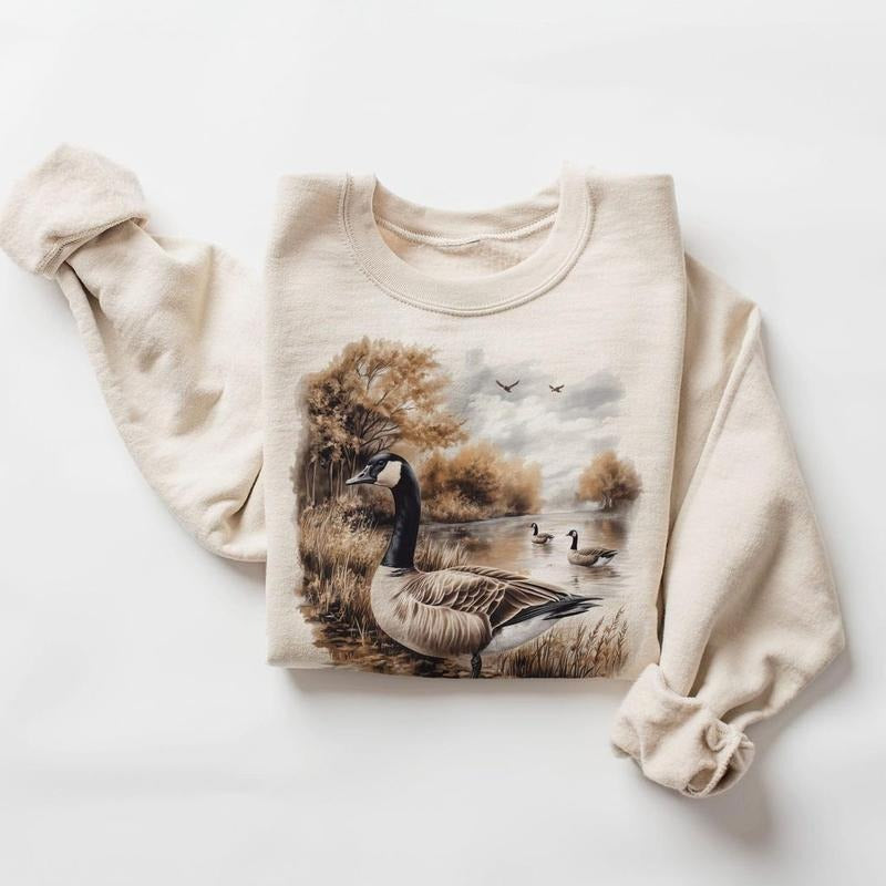 Retro Goose Fall Scene Sweatshirt - 90s Waterfowl Geese Wildlife Nature Pullover Cotton Menswear Day
