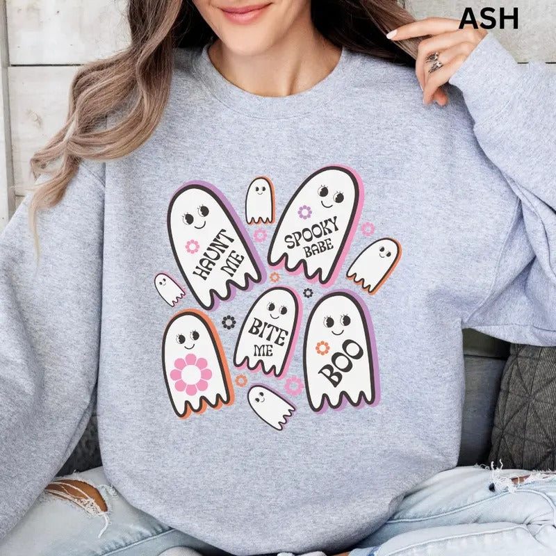Retro Halloween Crewneck, Haunt Me ghost Crewneck, Retro Sweatshirt Graphic Oversized Halloween Graphic Crewneck, Cotton Pullover Spooky Season Sweater