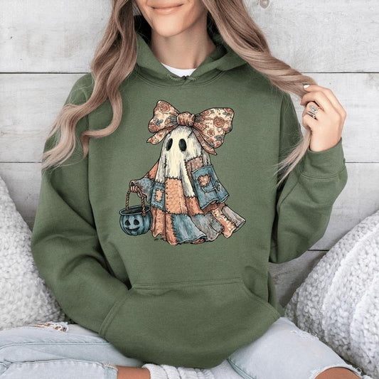 Retro Halloween Faux Denim Ghost, Faux Patchwork Spooky Ghost, Cute Boo Ghost Coquette, Fall Pumpkin, Spooky Season, Graphic Hoodie, Hooded Sweatshirt