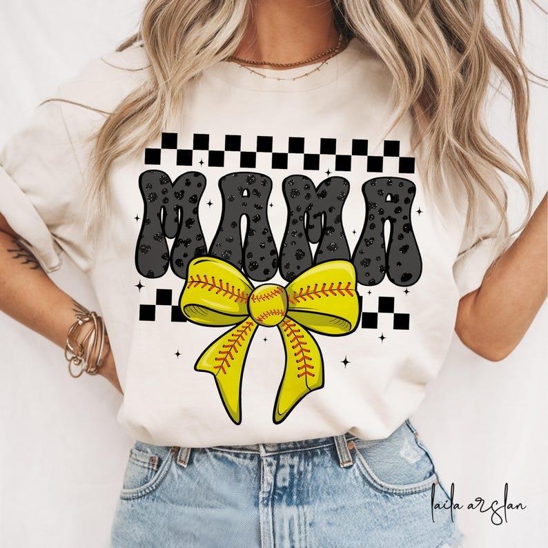 Retro Softball Mama T-shirt, Coquette, Game Day Bow, Checker, Softball Mom - clothing by TeeHivey.com