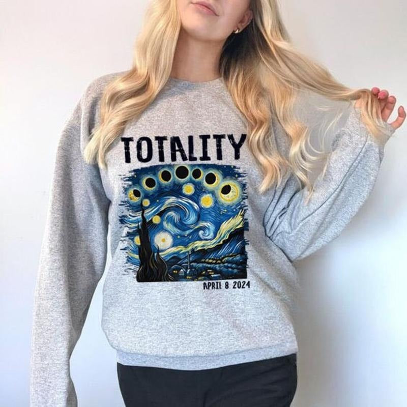 Retro Starry Night & Totality Solar Eclipse Of April 8, 2024 T-shirt, 2024 Print T-Shirt, Moon Astronomy