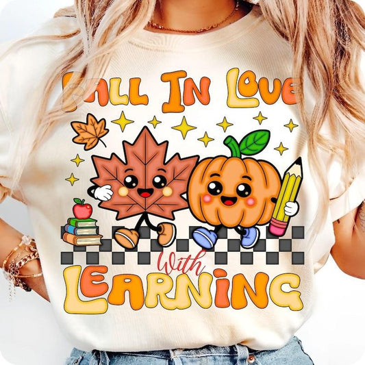 Retro Teacher Fall Shirt, Fall in Love with Learning Tshirt, Groovy Pumpkin Teacher Tee, Thanksgiving Autumn School Shirt