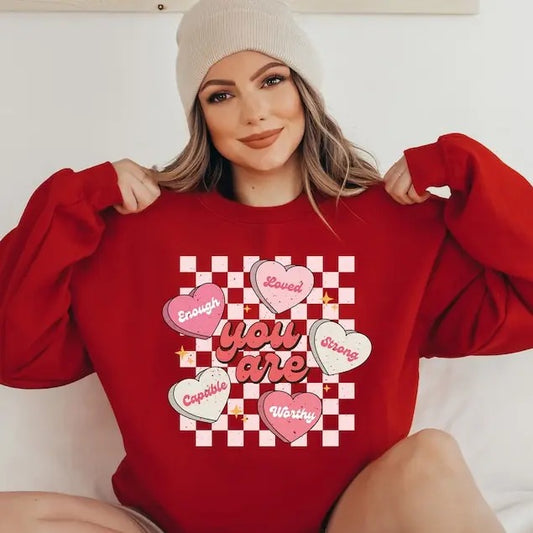 Retro Valentines Sweatshirt, Love Vibes, Valentines Day, Love , Womens Love Sweatshirt, Red Crewneck, You Are Enough, Loved, Worthy
